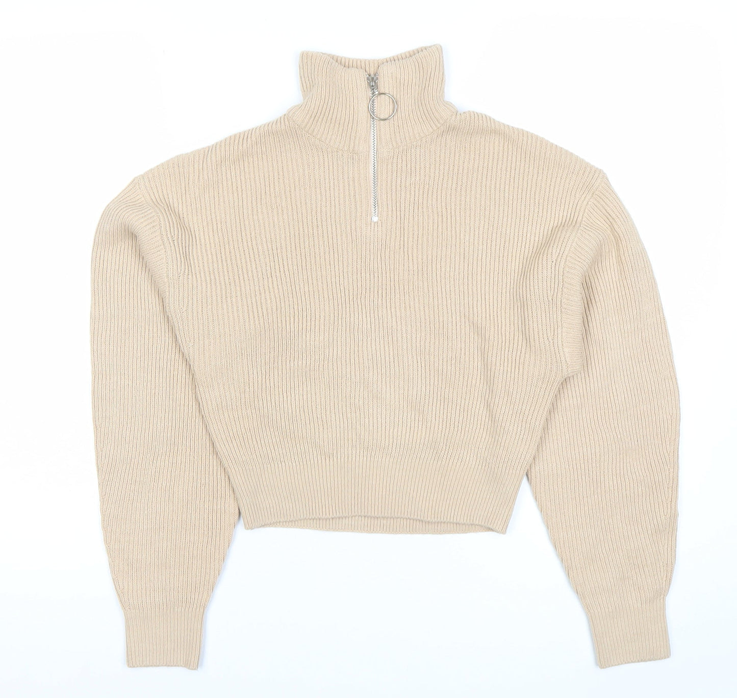 H&M Divided Women’s Beige Roll Neck Ribbed Zip Jumper XS