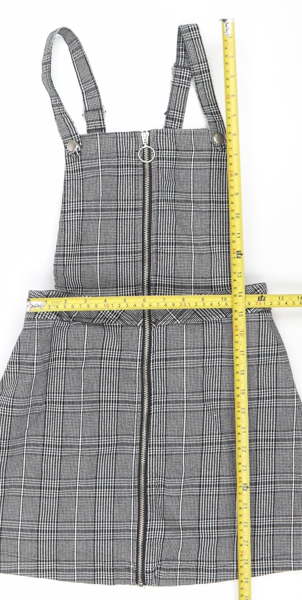 Divided Women Black Check Pinafore Dress Size 8 Zip Strappy Workwear