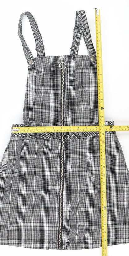 Divided Women Black Check Pinafore Dress Size 8 Zip Strappy Workwear