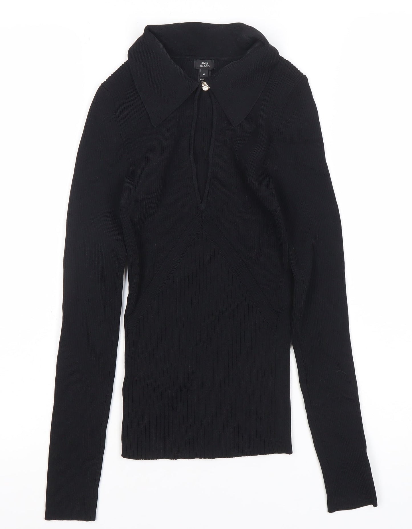 River Island Women’s Black Collared Knit Blouse Size 6 Slim Fit Long Sleeve