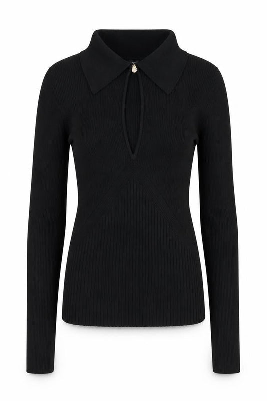 River Island Women’s Black Collared Knit Blouse Size 6 Slim Fit Long Sleeve