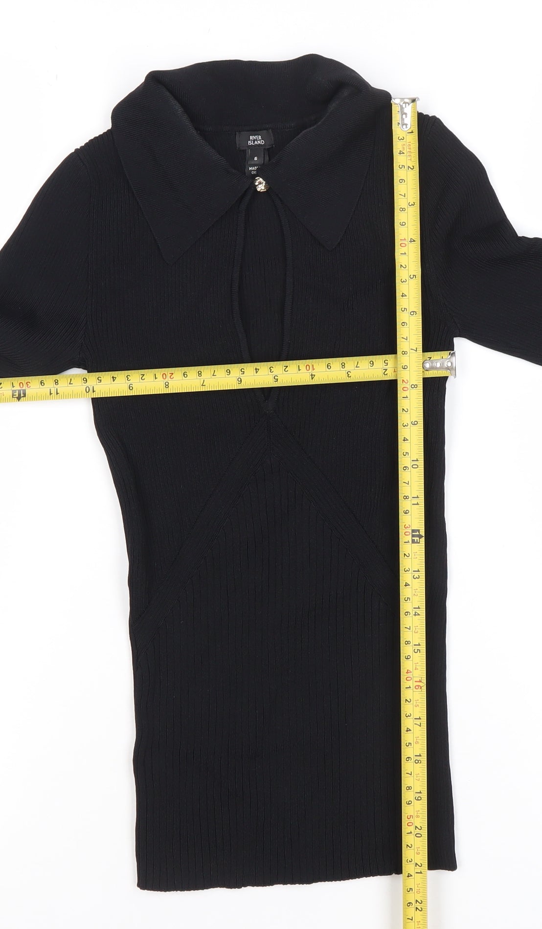 River Island Women’s Black Collared Knit Blouse Size 6 Slim Fit Long Sleeve