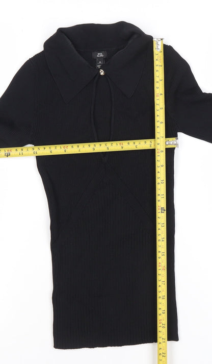 River Island Women’s Black Collared Knit Blouse Size 6 Slim Fit Long Sleeve