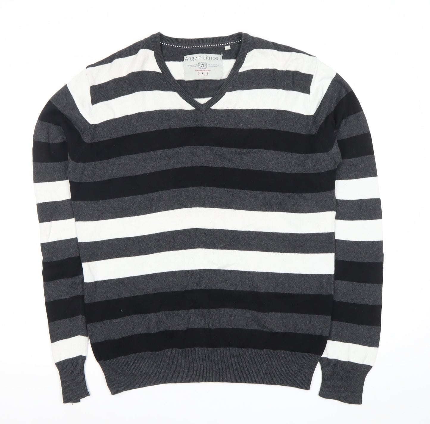 Angelo Litrico Men's L Black Grey White Striped Cotton V-Neck Jumper