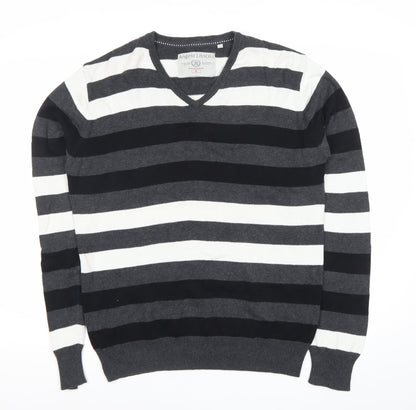 Angelo Litrico Men's L Black Grey White Striped Cotton V-Neck Jumper