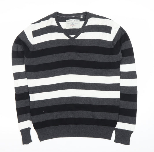 Angelo Litrico Men's L Black Grey White Striped Cotton V-Neck Jumper