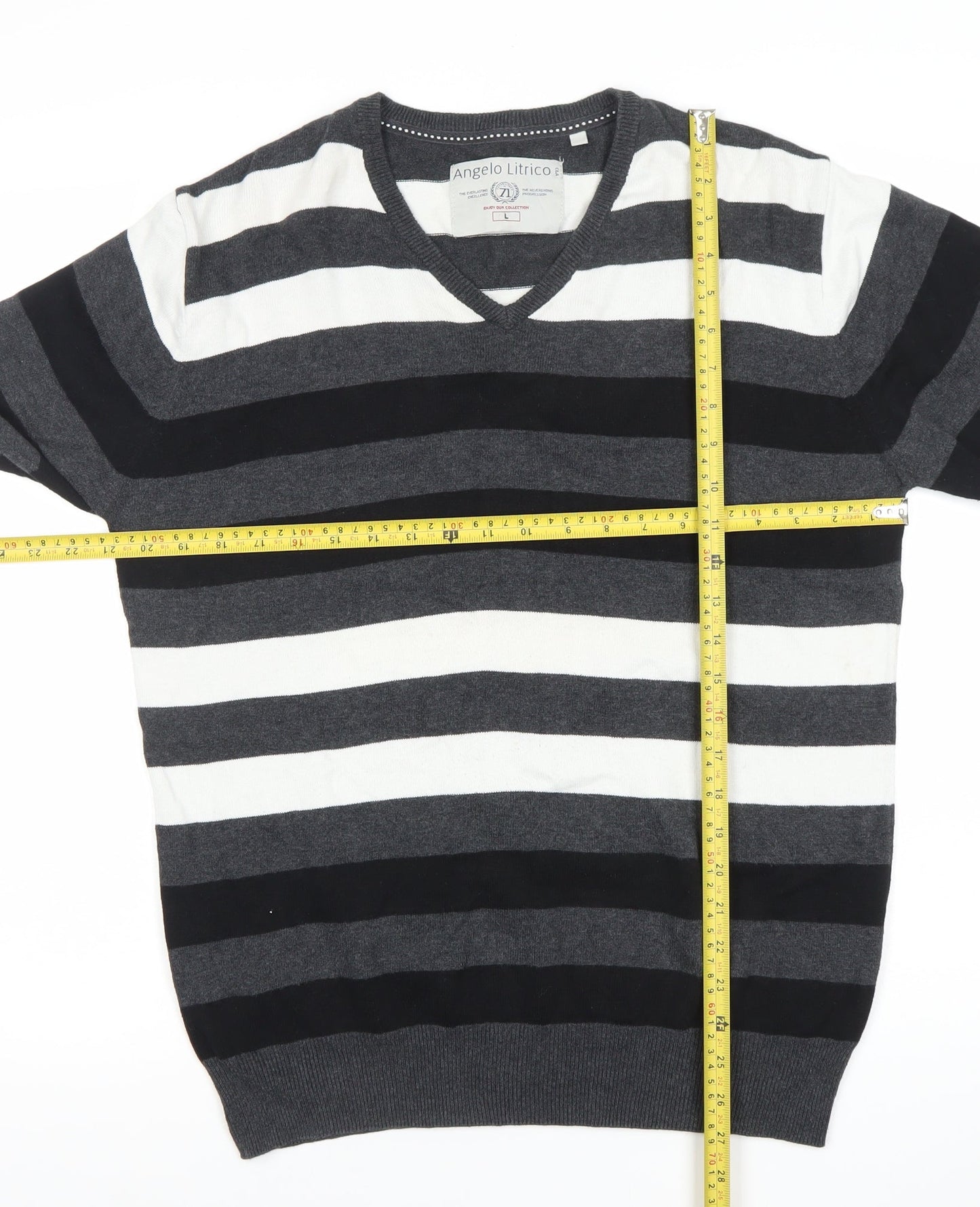 Angelo Litrico Men's L Black Grey White Striped Cotton V-Neck Jumper