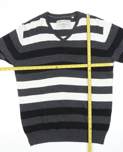 Angelo Litrico Men's L Black Grey White Striped Cotton V-Neck Jumper