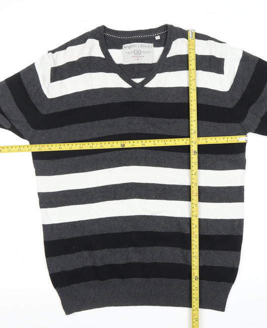Angelo Litrico Men's L Black Grey White Striped Cotton V-Neck Jumper