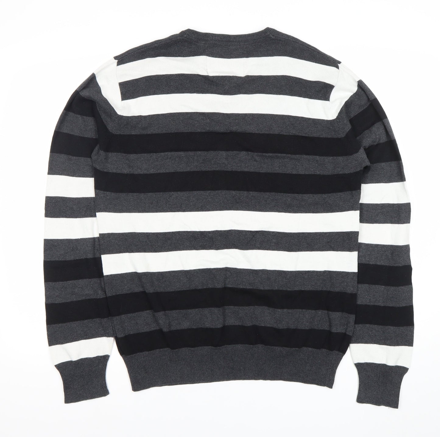 Angelo Litrico Men's L Black Grey White Striped Cotton V-Neck Jumper