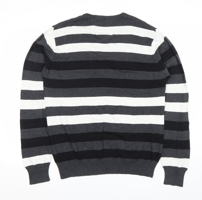 Angelo Litrico Men's L Black Grey White Striped Cotton V-Neck Jumper