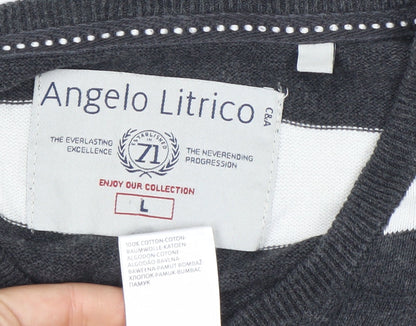 Angelo Litrico Men's L Black Grey White Striped Cotton V-Neck Jumper