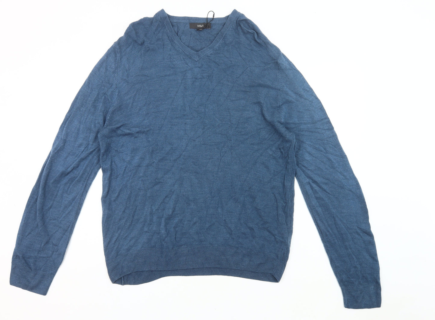 Marks and Spencer Men's Blue 2XL V-Neck Acrylic Jumper Pullover Knitwear