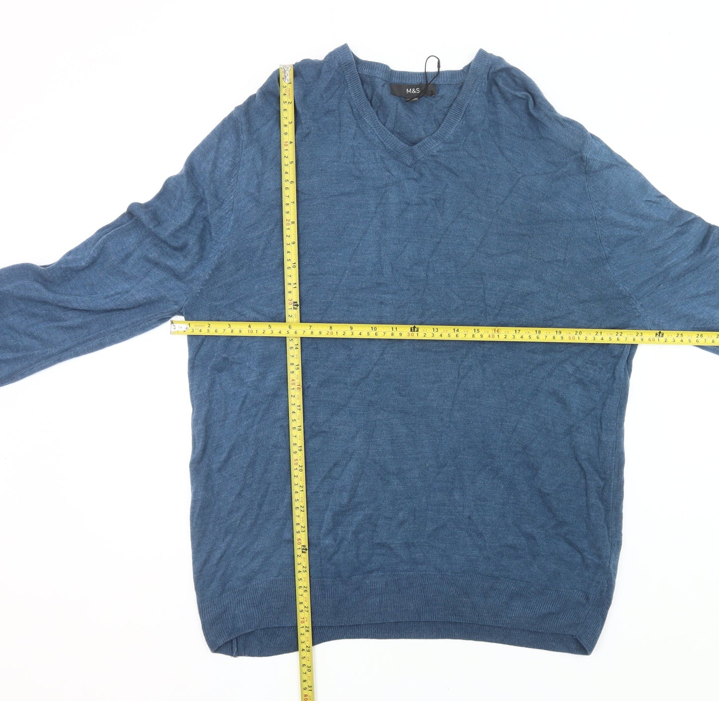 Marks and Spencer Men's Blue 2XL V-Neck Acrylic Jumper Pullover Knitwear