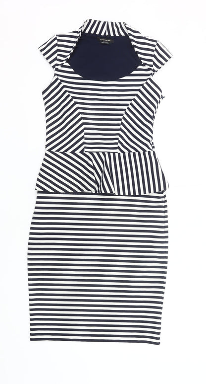 River Island Women’s Black White Striped Peplum Pencil Dress UK 10