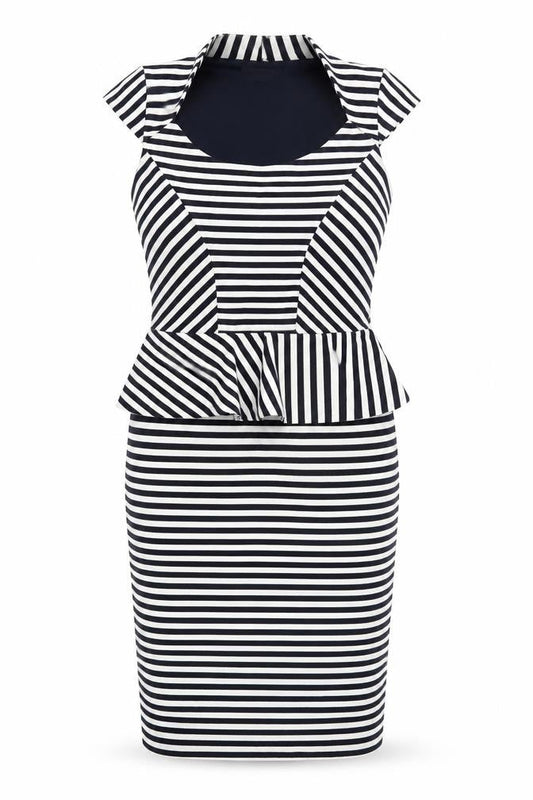 River Island Women’s Black White Striped Peplum Pencil Dress UK 10