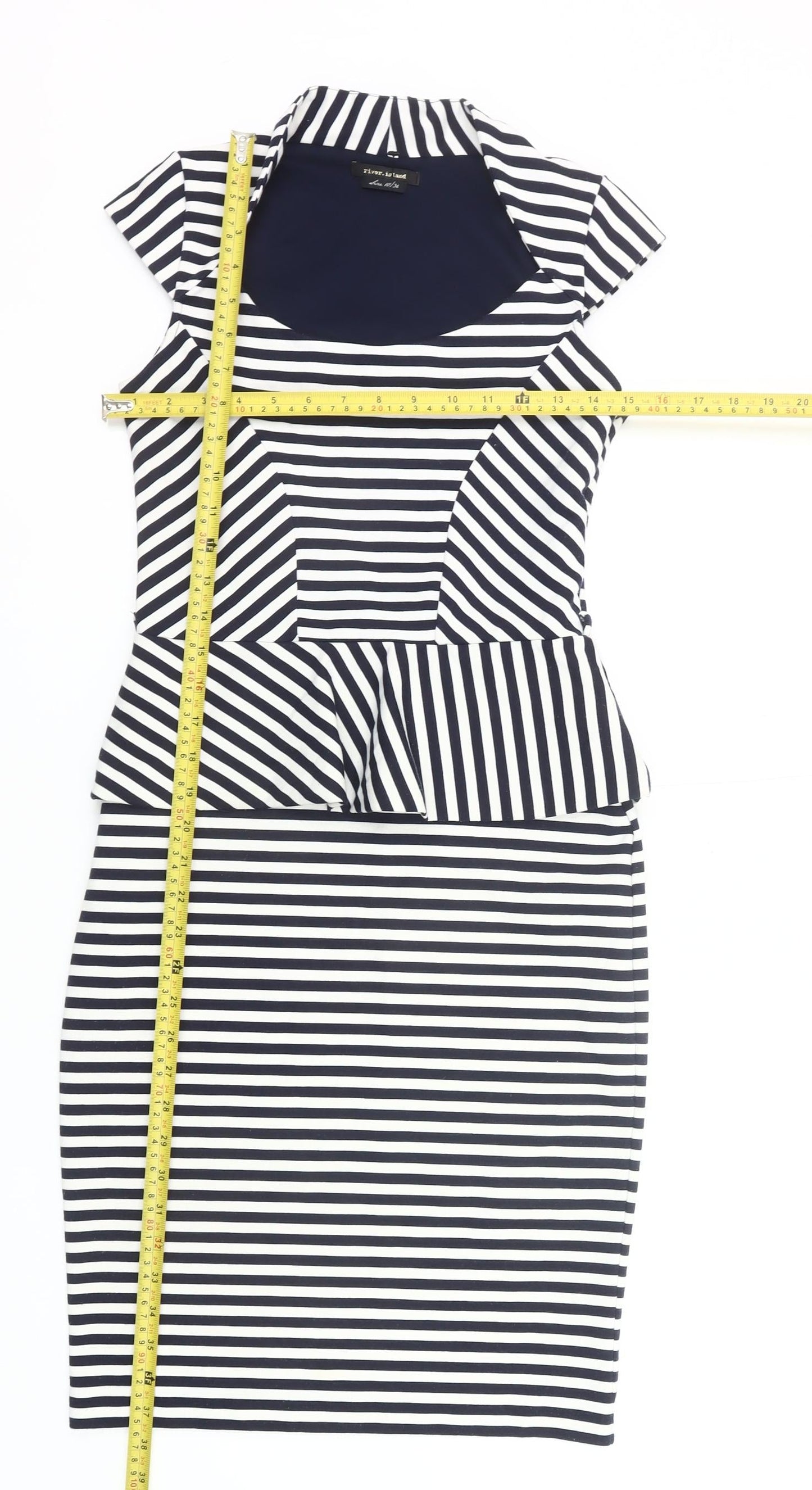River Island Women’s Black White Striped Peplum Pencil Dress UK 10