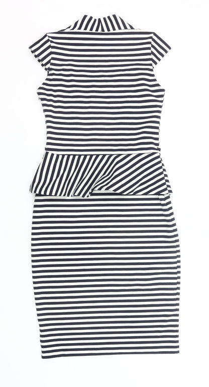 River Island Women’s Black White Striped Peplum Pencil Dress UK 10