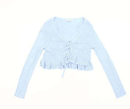 Stradivarius Womens Blue Slim Fit Cardigan Size 12 V-Neck Ruffle