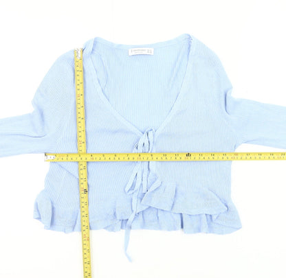 Stradivarius Womens Blue Slim Fit Cardigan Size 12 V-Neck Ruffle