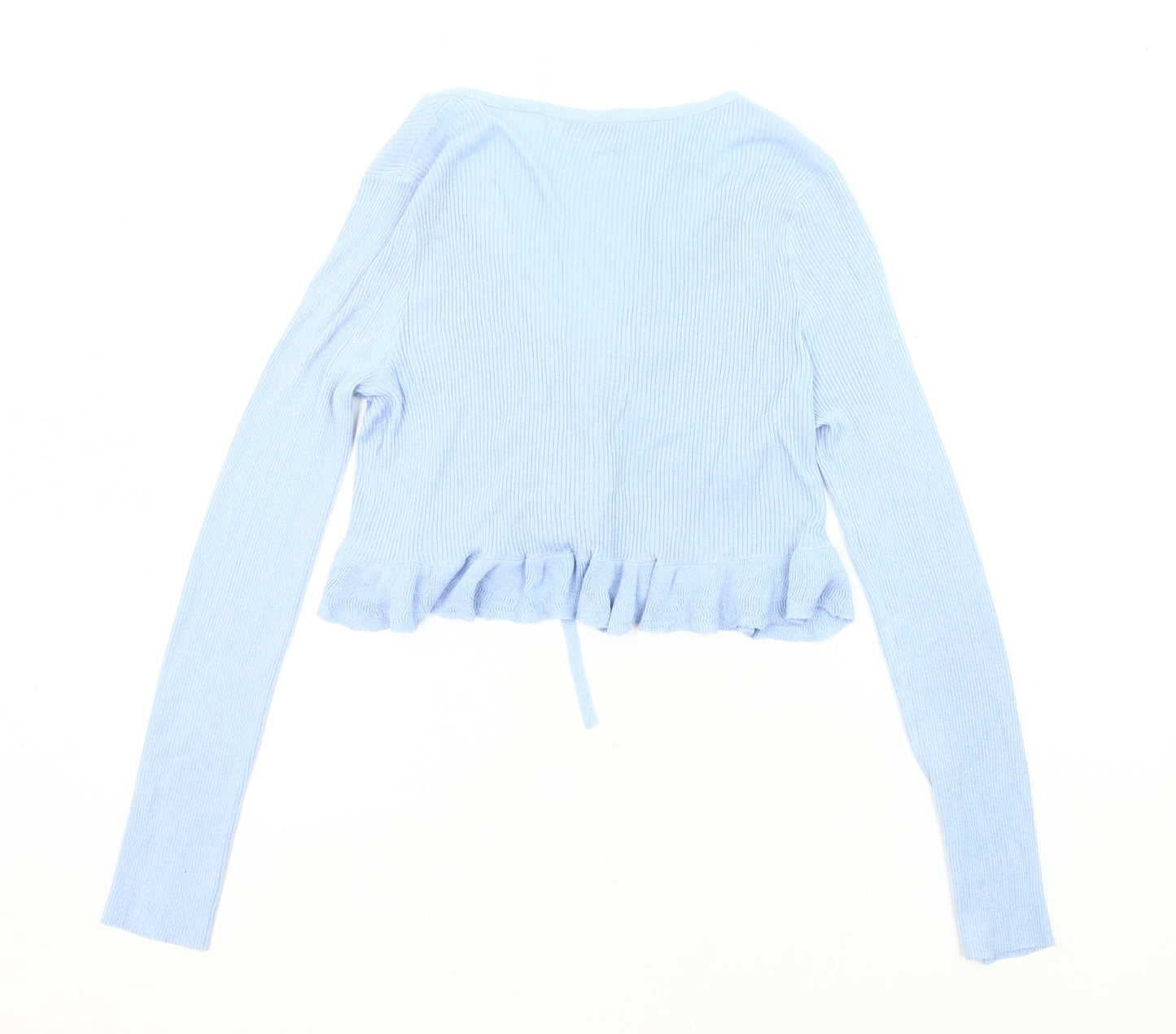 Stradivarius Womens Blue Slim Fit Cardigan Size 12 V-Neck Ruffle