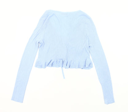 Stradivarius Womens Blue Slim Fit Cardigan Size 12 V-Neck Ruffle