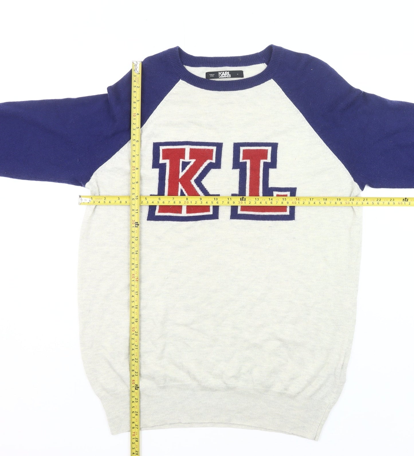 Karl Lagerfeld Mens Ivory Blue Pullover Jumper M Logo Knit