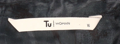 Tu Women Black Size 16 Satin Button-Up Blouse Collared 3/4 Sleeve