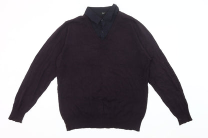 F&F Mens Black Cotton V-Neck Pullover Jumper Size L