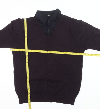 F&F Mens Black Cotton V-Neck Pullover Jumper Size L