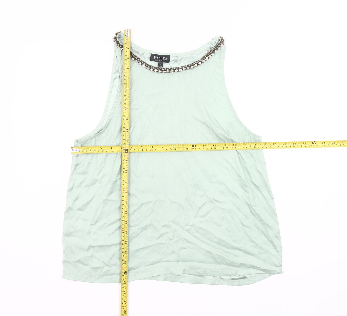 Topshop Womens Green Beaded Tank Top UK 14 Sleeveless Polyester