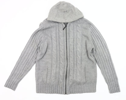 Blue Inc Mens Grey XL Hooded Full Zip Cable Knit Jumper