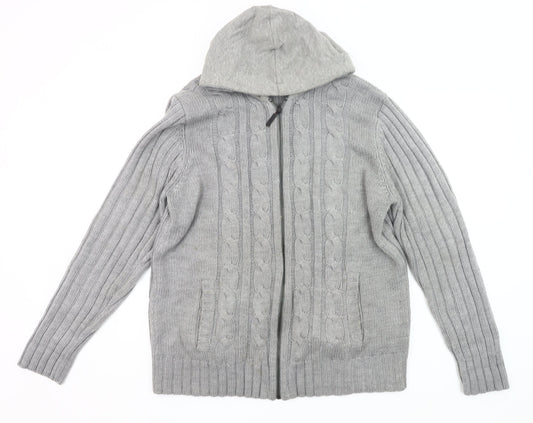 Blue Inc Mens Grey XL Hooded Full Zip Cable Knit Jumper