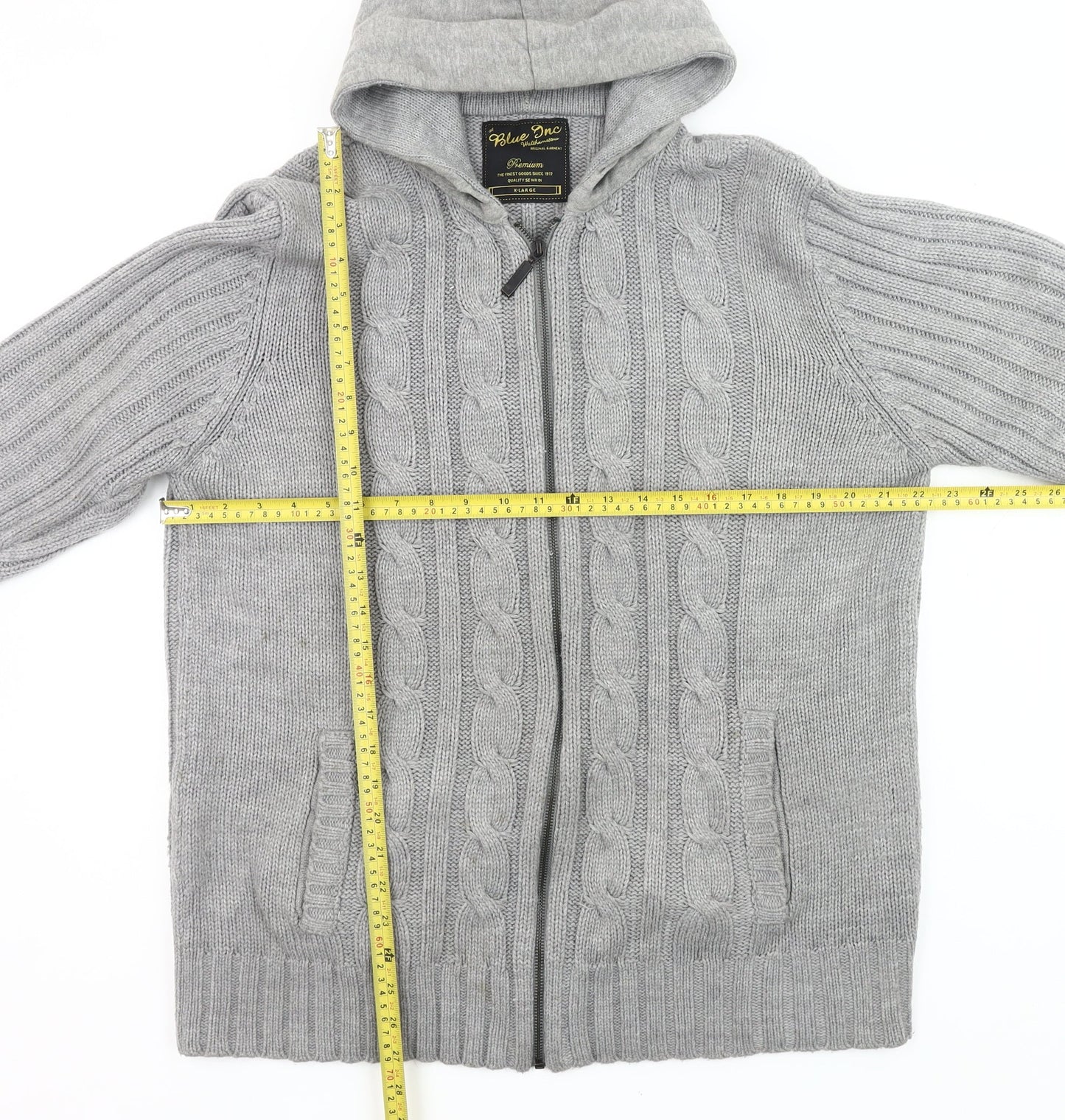 Blue Inc Mens Grey XL Hooded Full Zip Cable Knit Jumper