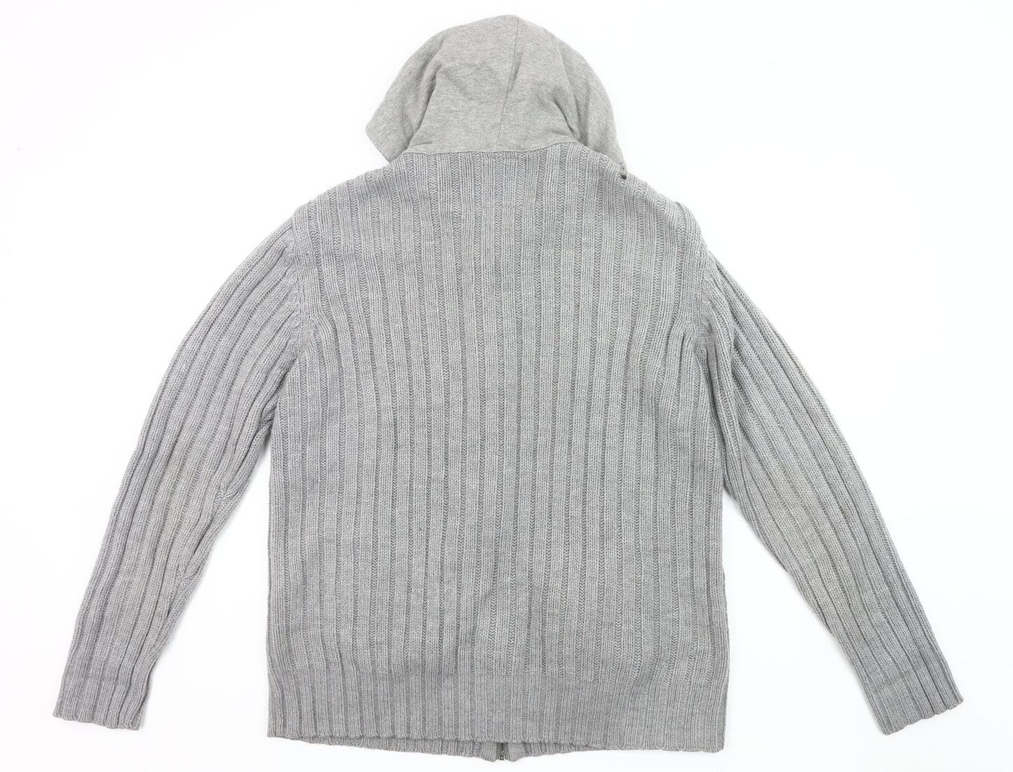 Blue Inc Mens Grey XL Hooded Full Zip Cable Knit Jumper