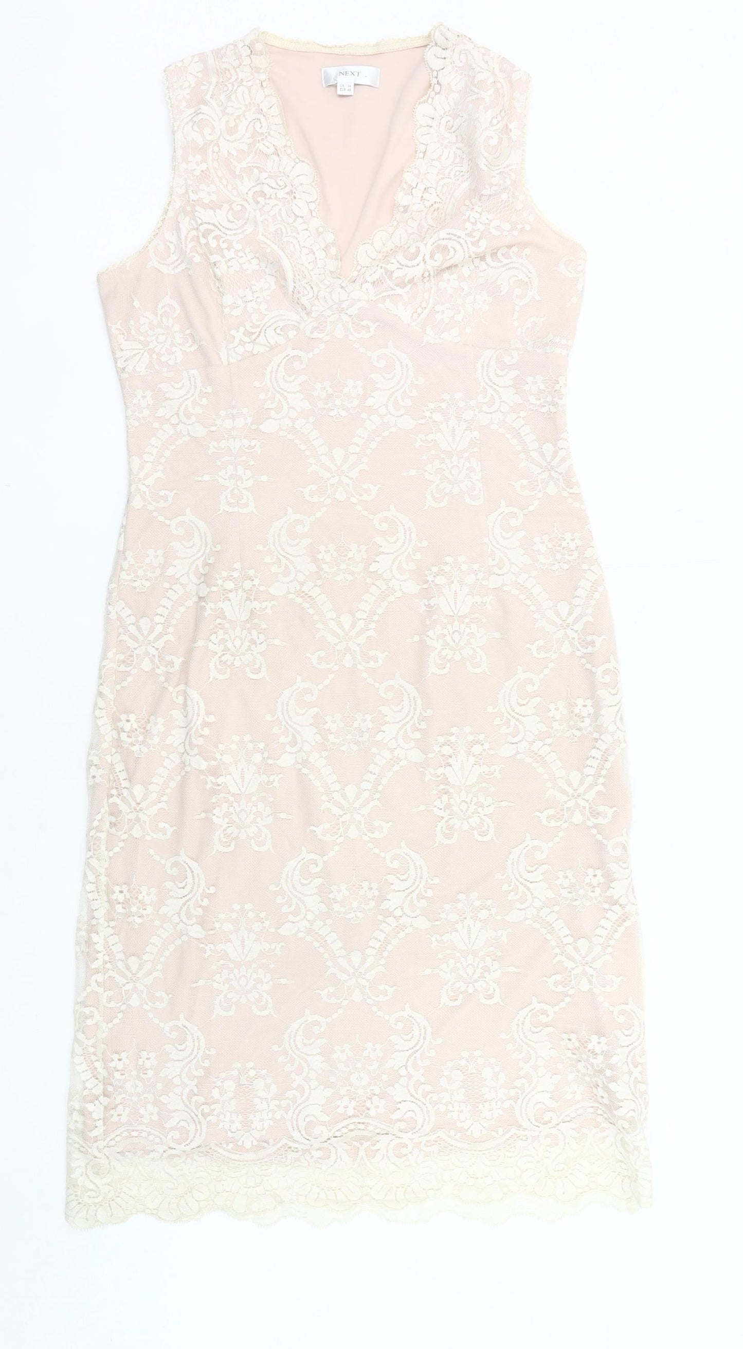 Next Women's Beige Lace Sheath Knee Length Sleeveless Dress UK 14