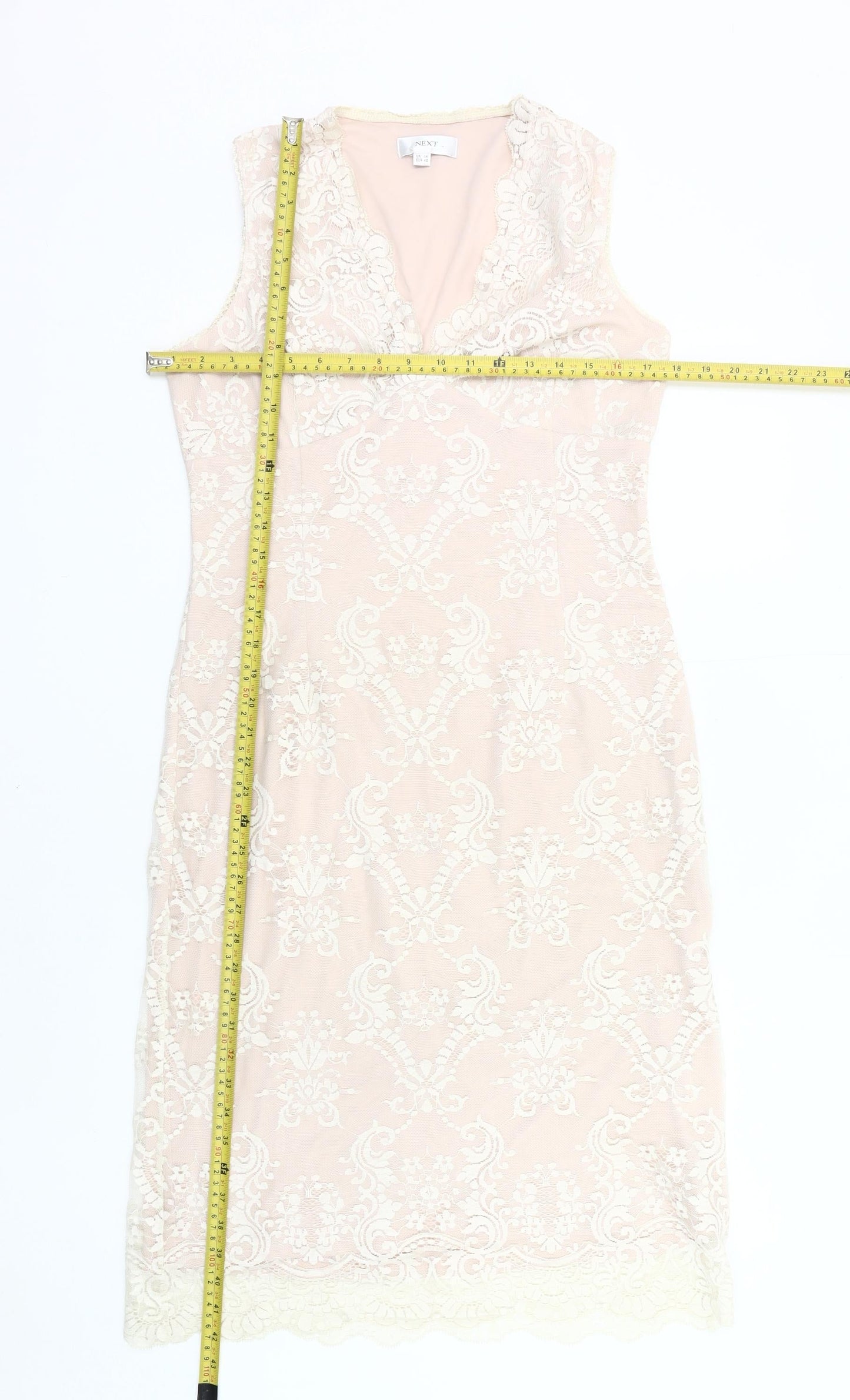 Next Women's Beige Lace Sheath Knee Length Sleeveless Dress UK 14