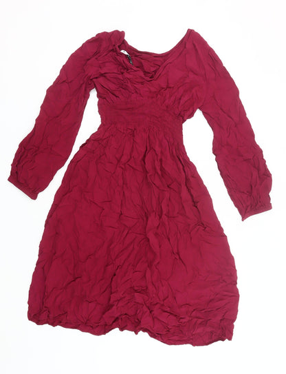 Zara Women’s Red Viscose A-Line Dress XS Long Sleeve Scoop Neck
