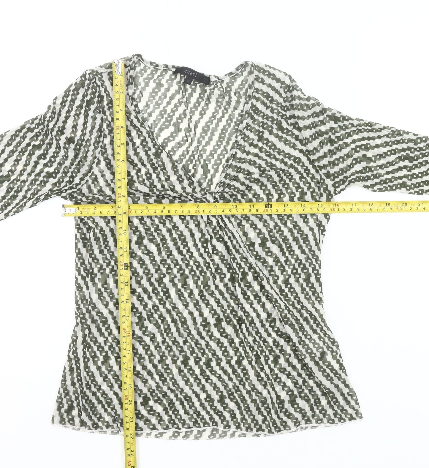 Coast Womens Green Geometric Wrap Mesh Blouse Size 12 Long Sleeve