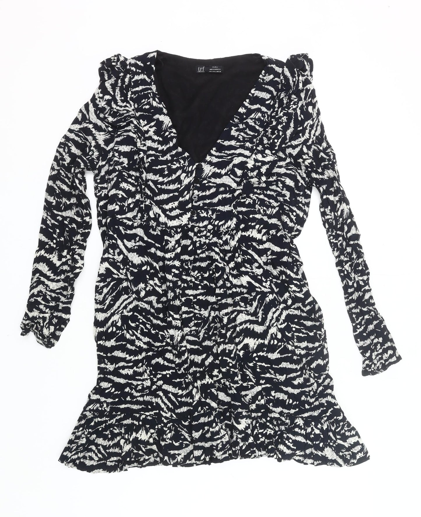 Zara Women Black Animal Print Wrap Dress Size 14 Long Sleeve