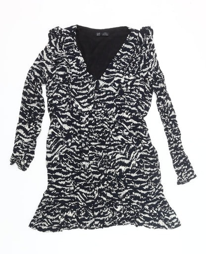 Zara Women Black Animal Print Wrap Dress Size 14 Long Sleeve