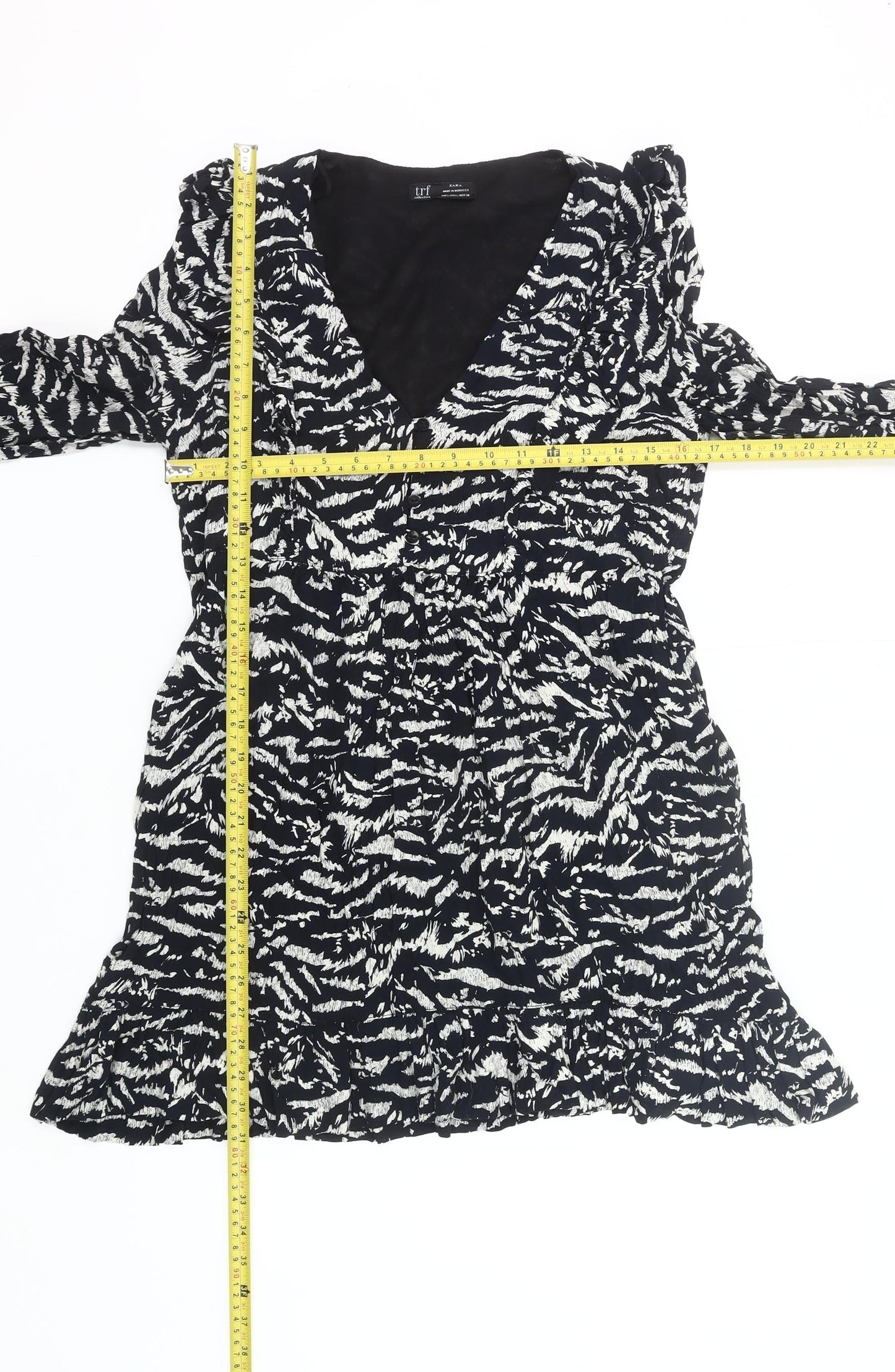 Zara Women Black Animal Print Wrap Dress Size 14 Long Sleeve