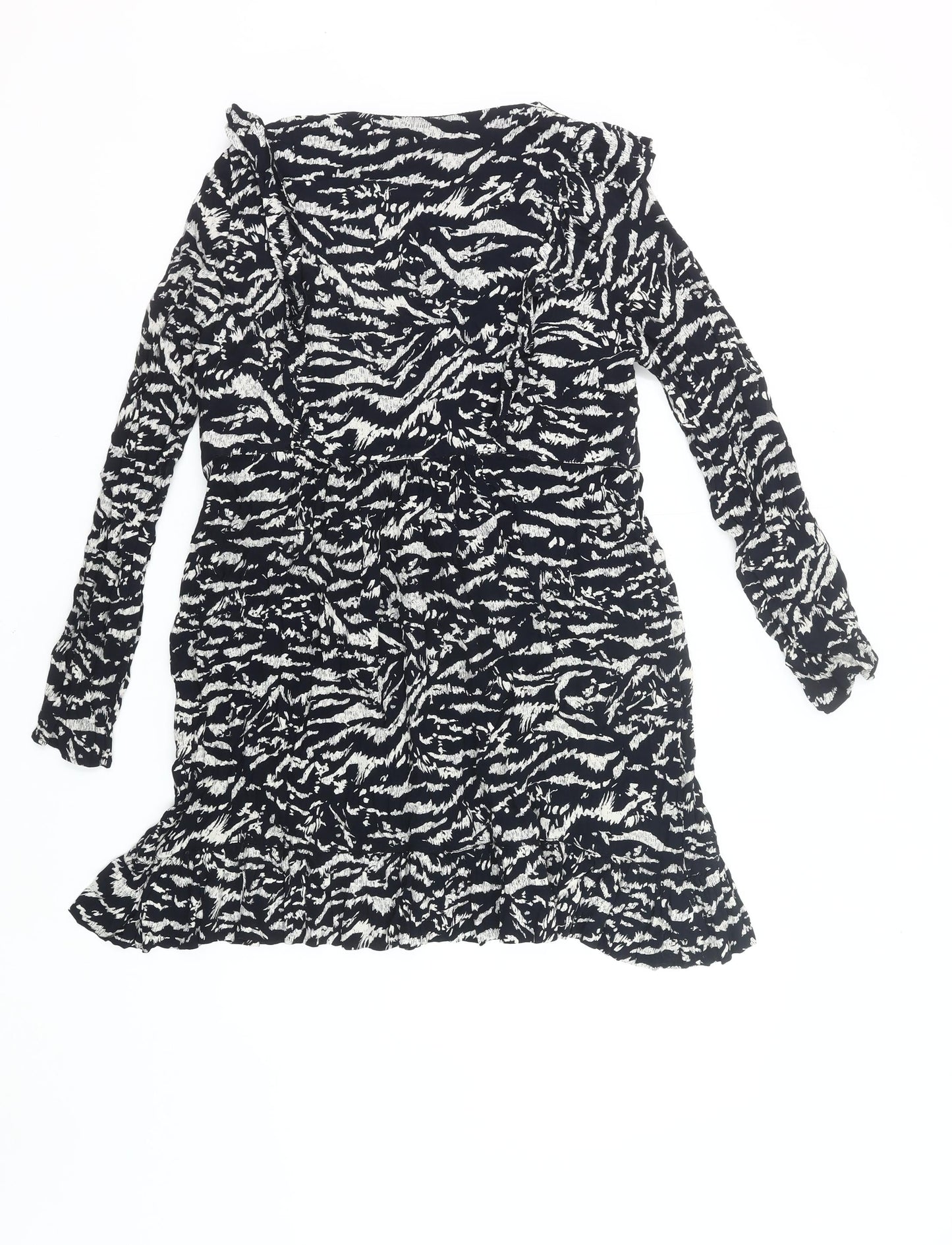 Zara Women Black Animal Print Wrap Dress Size 14 Long Sleeve
