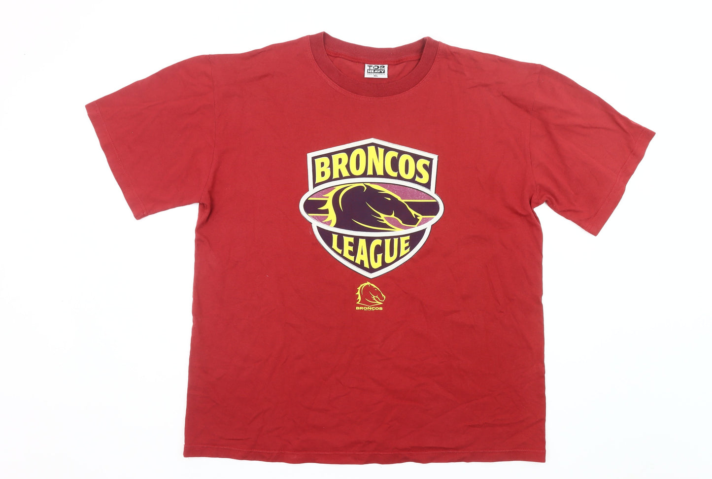 Top Heavy Men’s Red XL Broncos League Vintage Sports Graphic T-Shirt