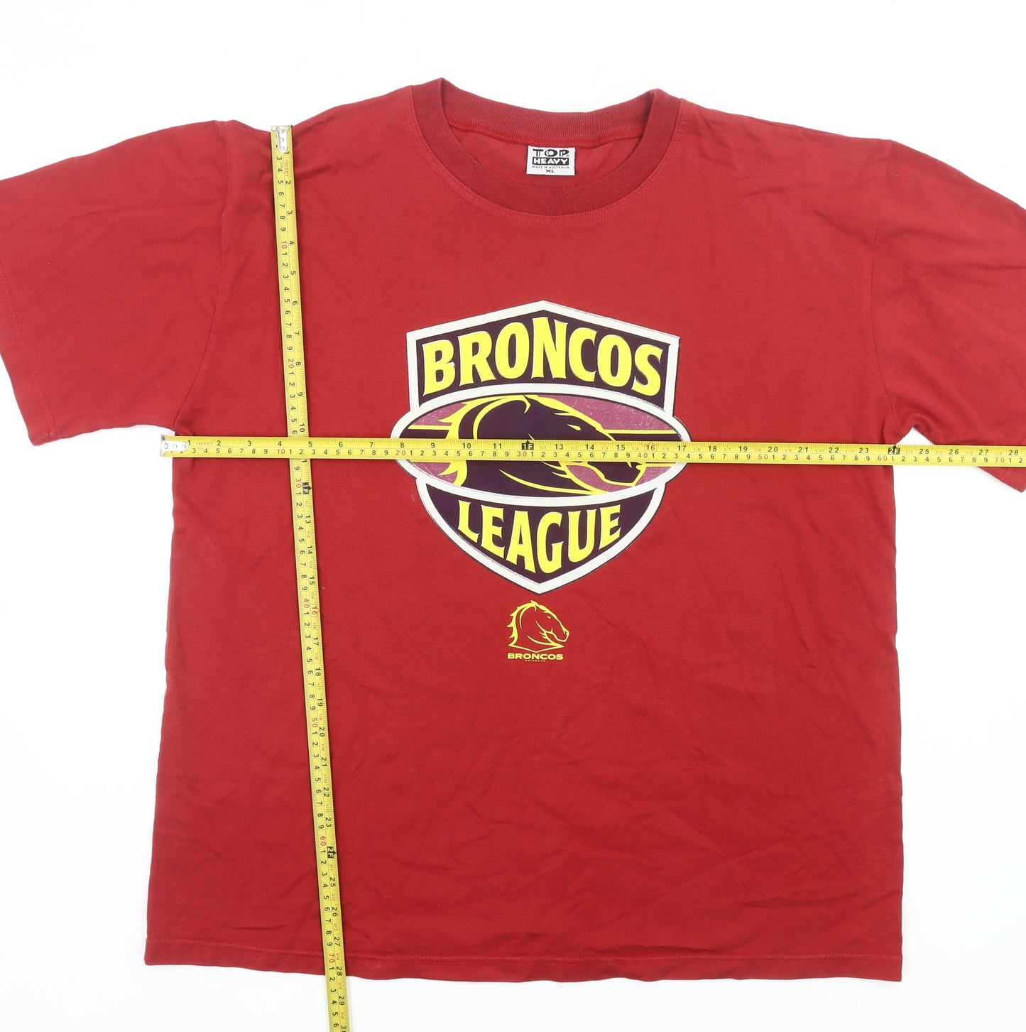 Top Heavy Men’s Red XL Broncos League Vintage Sports Graphic T-Shirt