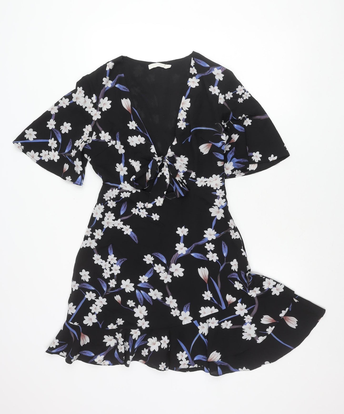 Vera & Lucy Womens Black Floral Wrap Dress Size M Short Sleeve