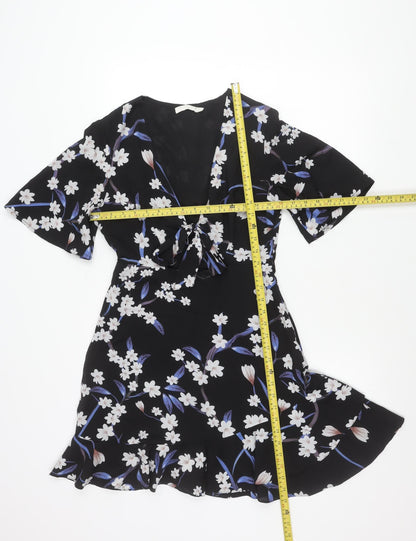 Vera & Lucy Womens Black Floral Wrap Dress Size M Short Sleeve