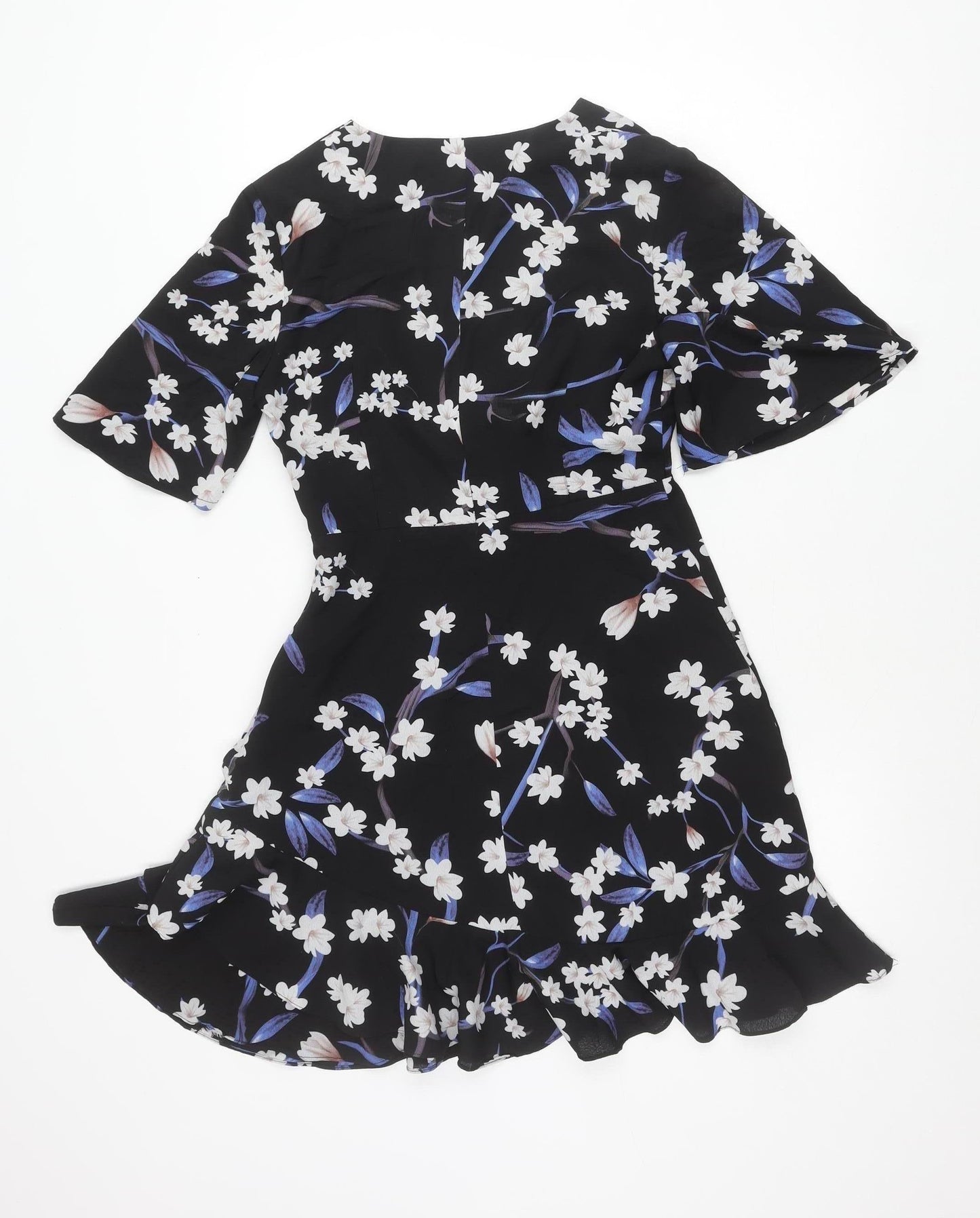 Vera & Lucy Womens Black Floral Wrap Dress Size M Short Sleeve