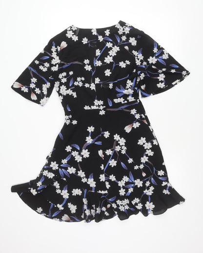 Vera & Lucy Womens Black Floral Wrap Dress Size M Short Sleeve