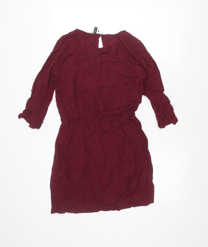 H&M Divided Women Red Long Sleeve Shift Dress Size 8 Keyhole Neck